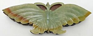 Nephrite Jade Carved Butterfly Moth Fitted Wood Stand Pendant Plaque China Asian