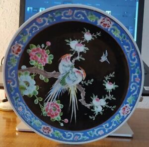 Antique Chinese Famille Noir 9 3 4 Plate Birds Flowers Blue Trim Stamped