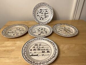 5 French Creil Et Montereau Rebus Riddle Plates Antique Set S 11 12 13 14 24