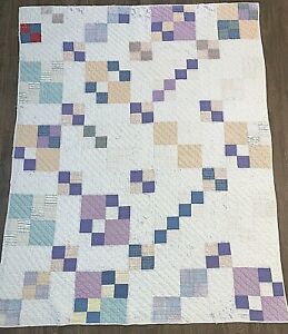 Antique Early 1900 Quilt White W Pastel Block Squares 74 X 60 Some Flaws