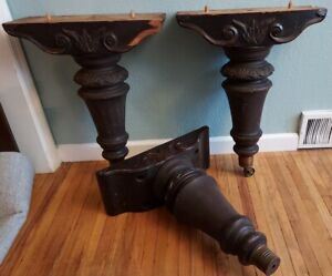 Steck Antique Set 3 Grand Piano Legs Victorian Carved Wood Brass Ferrules Table