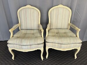 Vintage Arm Chair Pair French Provincial Wood Upholstered Set Side Louis Xv Club