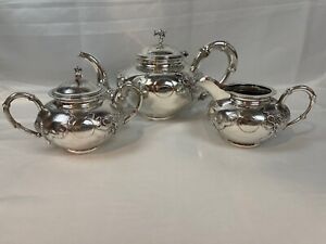 Antique Sincere Chinese Dragon Sterling Silver Tea Set 1045g Hammered 2612