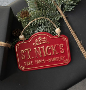 Primitive Vtg Style Retro Red St Nicks Christmas Tree Farm Tin Ornament Sign