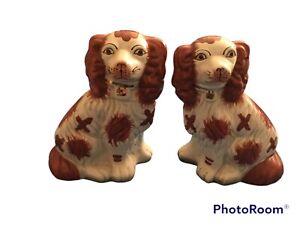 Antique Staffordshire King Charles Spaniel Pair Russet Red And White Mantle Dog