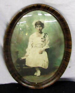 1919 Antique Confirmation Girl Photo Oval Bubble Convex Glass Wood Frame