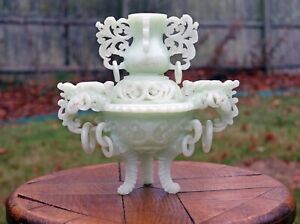 Jadeite Hand Carved Reticulated Footed Incense Burner W Ringed Handles 1900s