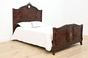 French Antique Carved Mahogany Queen Size Bed Bronze Mounts 47996