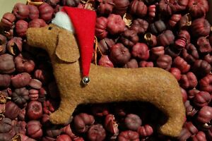 Primitive Christmas Wool Felt Dachshund W Santa Hat Ornie Ornament