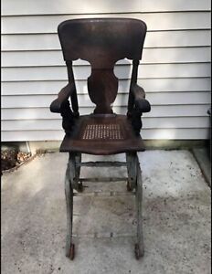 Antique Victorian Oak Cane High Chair Convertible To Rocker And Stroller