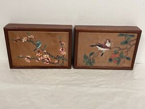 X2 Vintage Chinese Leather Top Hand Painted Wooden Jewelry Boxes Birds Flowers