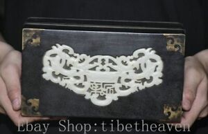 9 2 Old Chinese Ebony Wood Jade Carving Dynasty Palace Dragon Jewelry Box