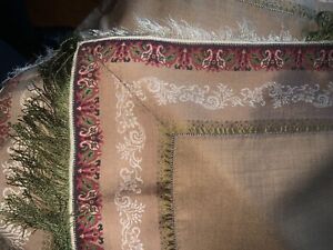 Beautiful Antique 19c Brocade Silk Fold Over Shawl Woven Wool Trim 60 Sq Fringe