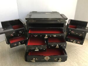 Antique Jewelry Chest Japanese Black Lacquer Box Wood 100 Years Old Handmade