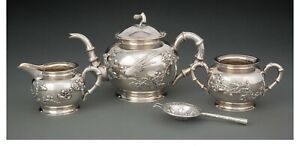 A124 A Four Piece Sing Fat Chinese Export Silver Tea Set Early 20th Century 