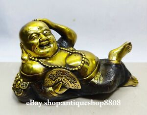 8 Old China Bronze Copper Gilt Happy Laugh Maitreya Buddha Buddhism Fan Statue