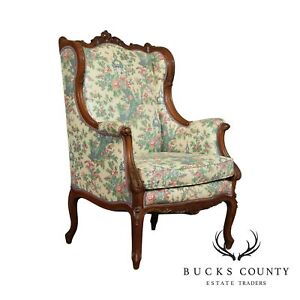 Lawsonia French Louis Xv Style Vintage Carved Walnut Bergere Wing Chair