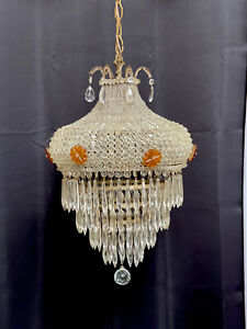 Antique French Art Deco Crystal Beaded Czech Shade Wedding Cake Chandelier