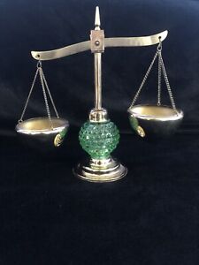 Vintage Hobnail Light Green Glass Brass Balance Scales Justice Marked Japan