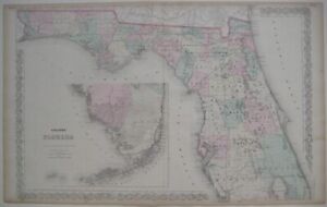 Original 1868 Colton Map Florida Railroads Everglades Miami Tallahassee Slaves