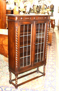 English Antique Oak Barley Twist Jacobean Leaded Glass Bookcase Display Cabinet