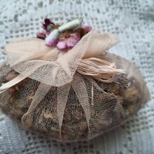 Antique Peachy Silk Lavender Bag With Silk Ribbon Tiny Velvet Flowers
