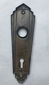 Antique 1930 S Art Deco Door Knob Backplate Keyhole Pressed Metal Great Patina 