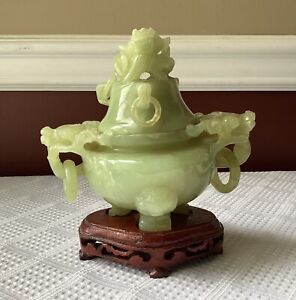 Vtg Chinese Jade Incense Burner W Wooden Base 6 1 8 Wide X 5 1 4 Tall