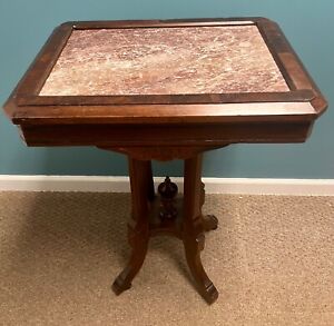 Antique Victorian Eastlake Side Table With Marble Top And Original Caster Wheels