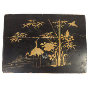 Vintage Black Japanese Hand Painted Crane Bird Design Jewelry Organizer Box 10 7