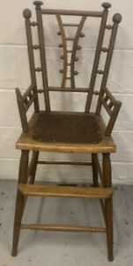 Early Folk Art Antique Rare Child S High Chair Carved Spool Spindle Legs 1800s