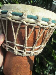 Primitive Drum Solid Piece Of Wood Hand Carved Animal Skin 9 Tall 7 1 2 Tribal