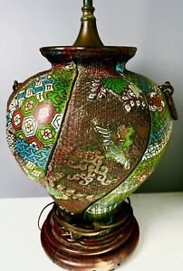 Phoenix Bird Swirl Cloisonn Champleve Torch Archaic Floral Oriental Lamp 30 T