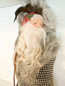 Primitive Handmade Christmas Santa Claus Plaid Fur Leather Doll