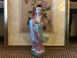 Antique Porcelain Statue Goddess Of Mercy Figurine Kwan Yin Famille Rose Guanyin
