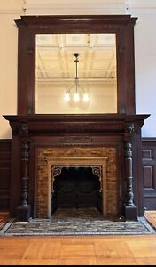  Antique Carved Oak Fireplace Mantel Lion Heads 112 X 73 42 Opening Salvage