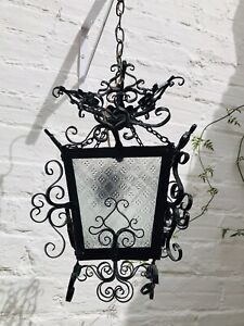 Antique Spanish Colonial Revival Lantern Black Scrolled Wrought Iron Porch Light