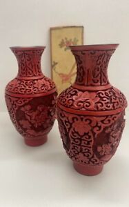 Chinese Red Lacquer Cinnabar Matching Vintage Vases With Blue Enamel Vases 6 