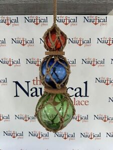  3 Glass Fishing Floats On Rope Nautical Fish Net Decor Blue Green Amber
