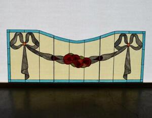  Set Of Three Vintage French Stained Glass Panels With Leaded Glass And Bows