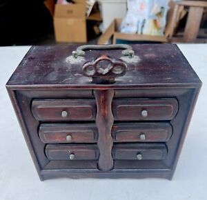 Wooden Asian Antique Mini Chest With Locking Mechanism Wood And Brass