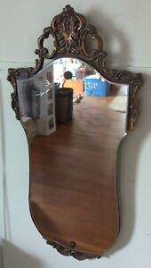 Antique Art Deco Arched Etched Glass Wood Wall Mirror 27 X 13