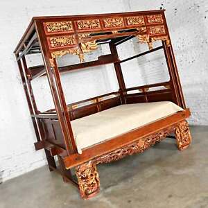 Vintage Chinoiserie Chinese Elm Wedding Opium Canopy Bed Hand Carved Asian Desig