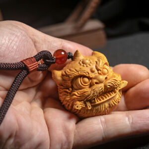 Chinese Boxwood Carvings Awakening Lion Pixiu Auspicious Handle Piece