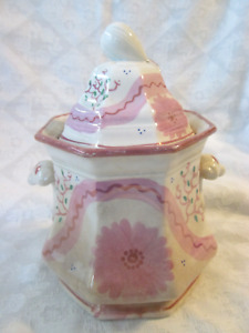 1800s Antique Pink Luster Dahlia Ribbon Ironstone Gothic Sugar Bowl W Fig Knob