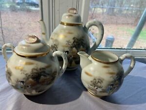 Antique Japanese Tea Set 3 Pc Porcelain Hand Painted Continuous River Scene