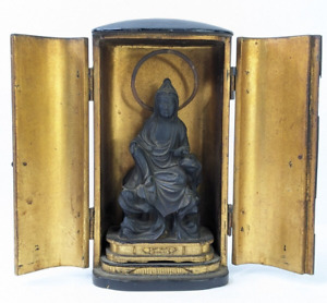 Antique Traveling Shrine Temple Buddha Gilt Black Lacquer