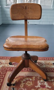 Vintage Swivel Rolling Wooden Metal Bankers Office Chair Adjustable