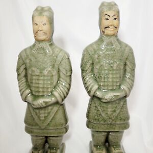 2 Longquan Celadon Crackled Ice Glaze Biscuit Signed Chinese Warrior Figurines
