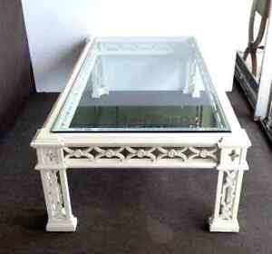 Chippendale Fretwork Rectangular Wood Glass Coffee Table